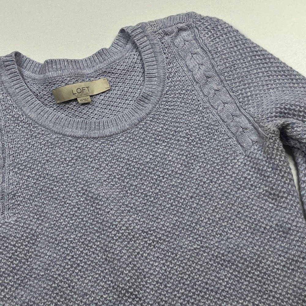 LOFT Textured Cable Raglan Crew Neck Sweater XS Blue Wool Blend Timeless Top